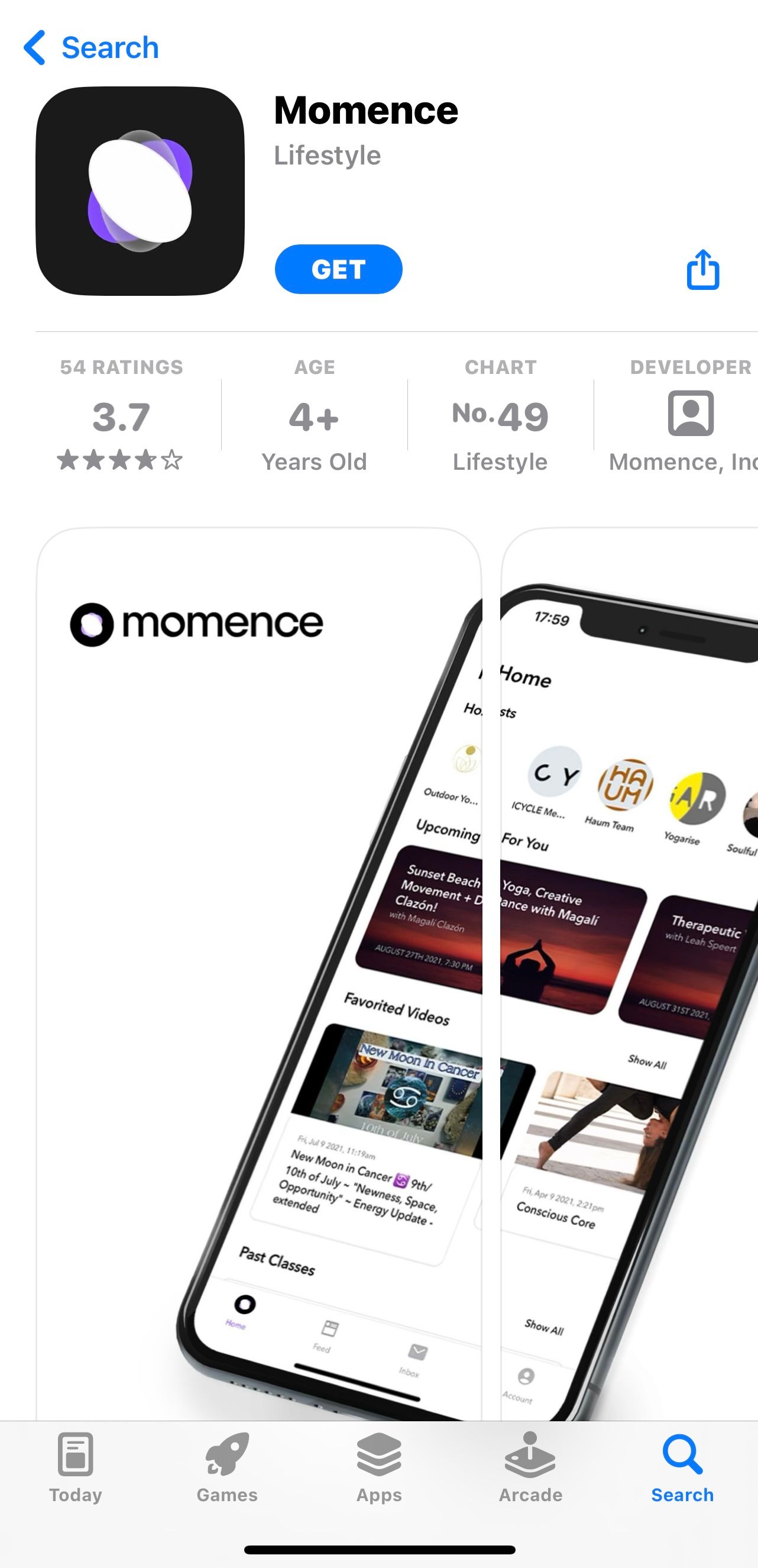 Image depicts the Momence App as featured in the Apple Store, showing prospective clients what to look for when downing loading the momence app in order to book classes.