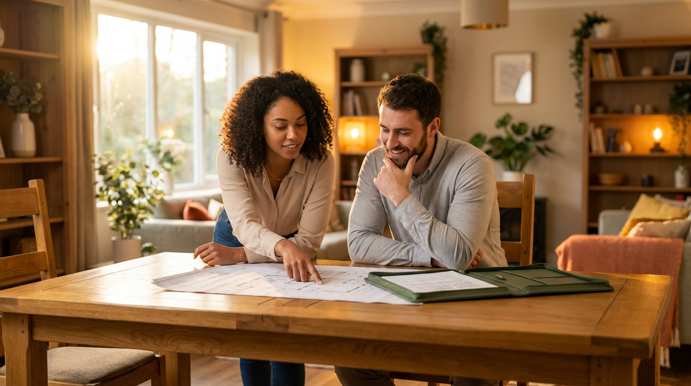 Woman walking past colorful row houses with black fences and stairs.