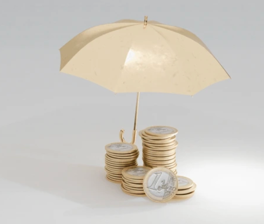 Golden umbrella sheltering stacks of coins.