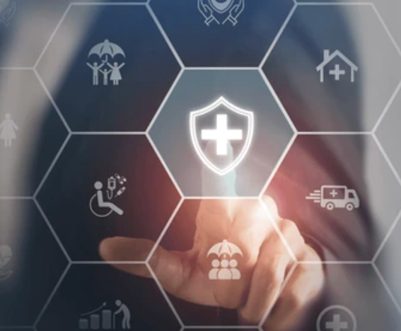 Hand pointing towards a glowing shield icon, surrounded by health and insurance symbols within hexagon shapes.