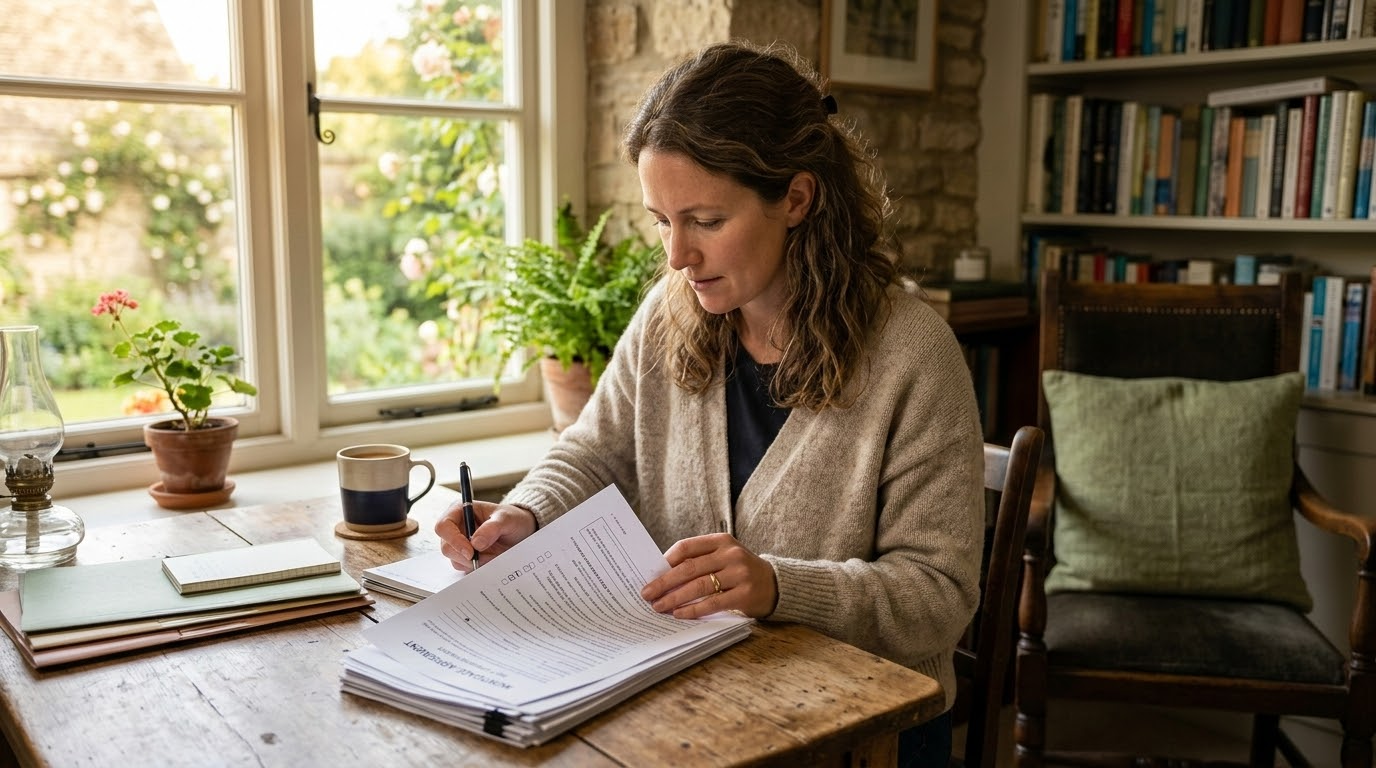 Woman writing at a desk by a window with books, a mug, and a plant.