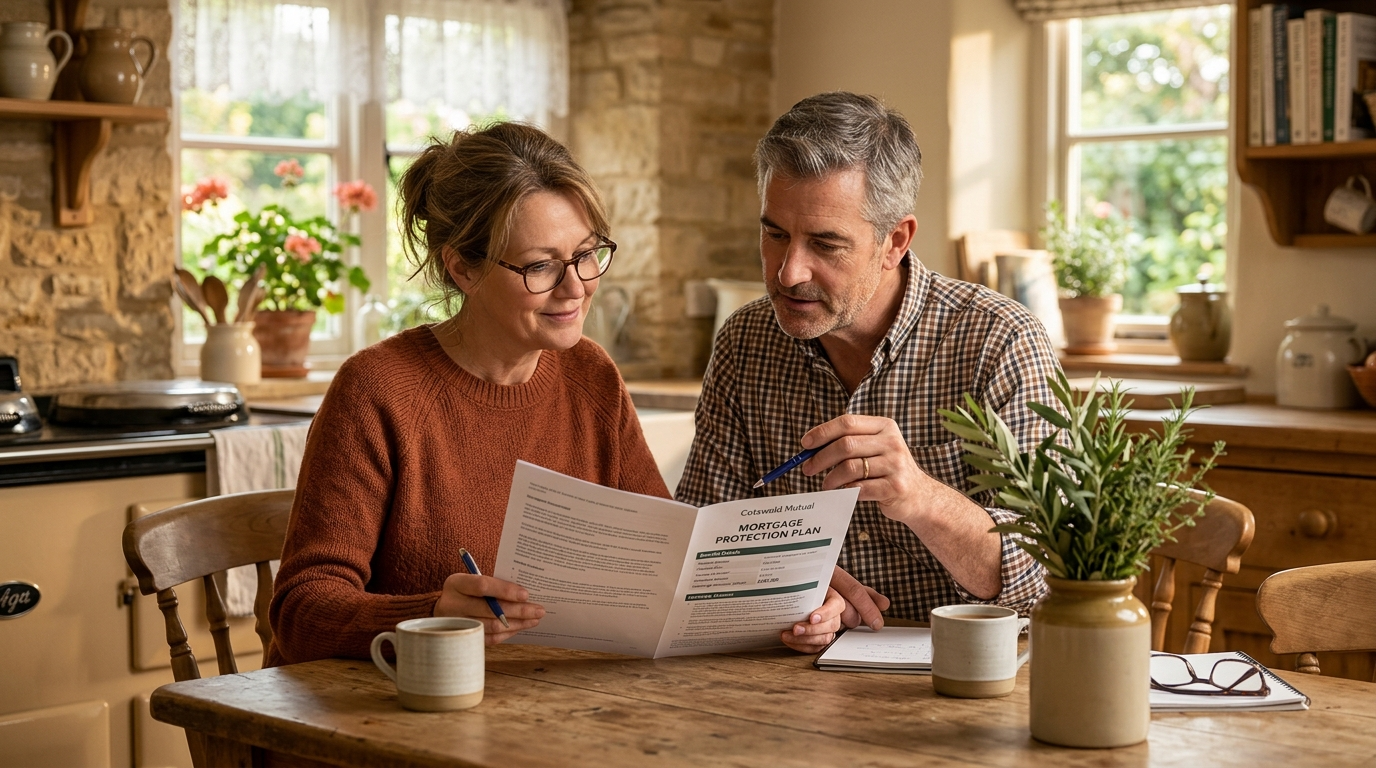 A couple reviews documents together at a wooden kitchen table, sitting in a cozy, sunlit room.