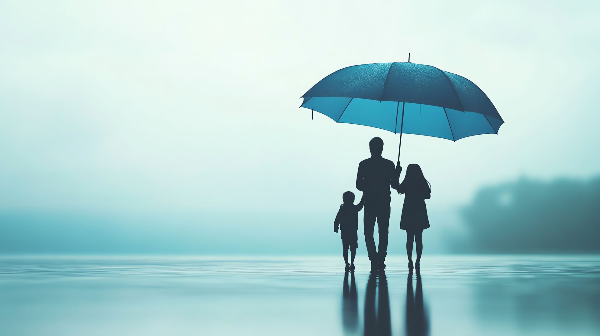 Family silhouetted walking in the rain under a blue umbrella, with reflection on a wet surface.
