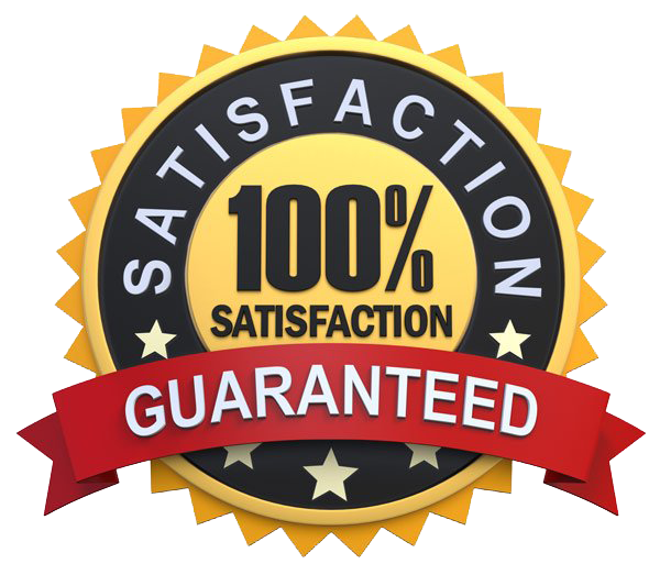 A 100 % satisfaction guaranteed seal with a red ribbon