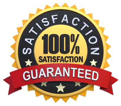 A 100 % satisfaction guaranteed seal with a red ribbon