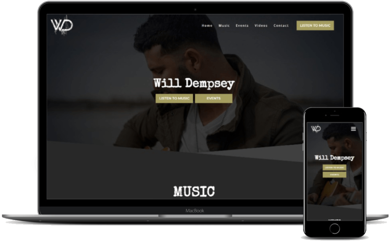 A laptop and a cell phone displaying a website for will dempsy