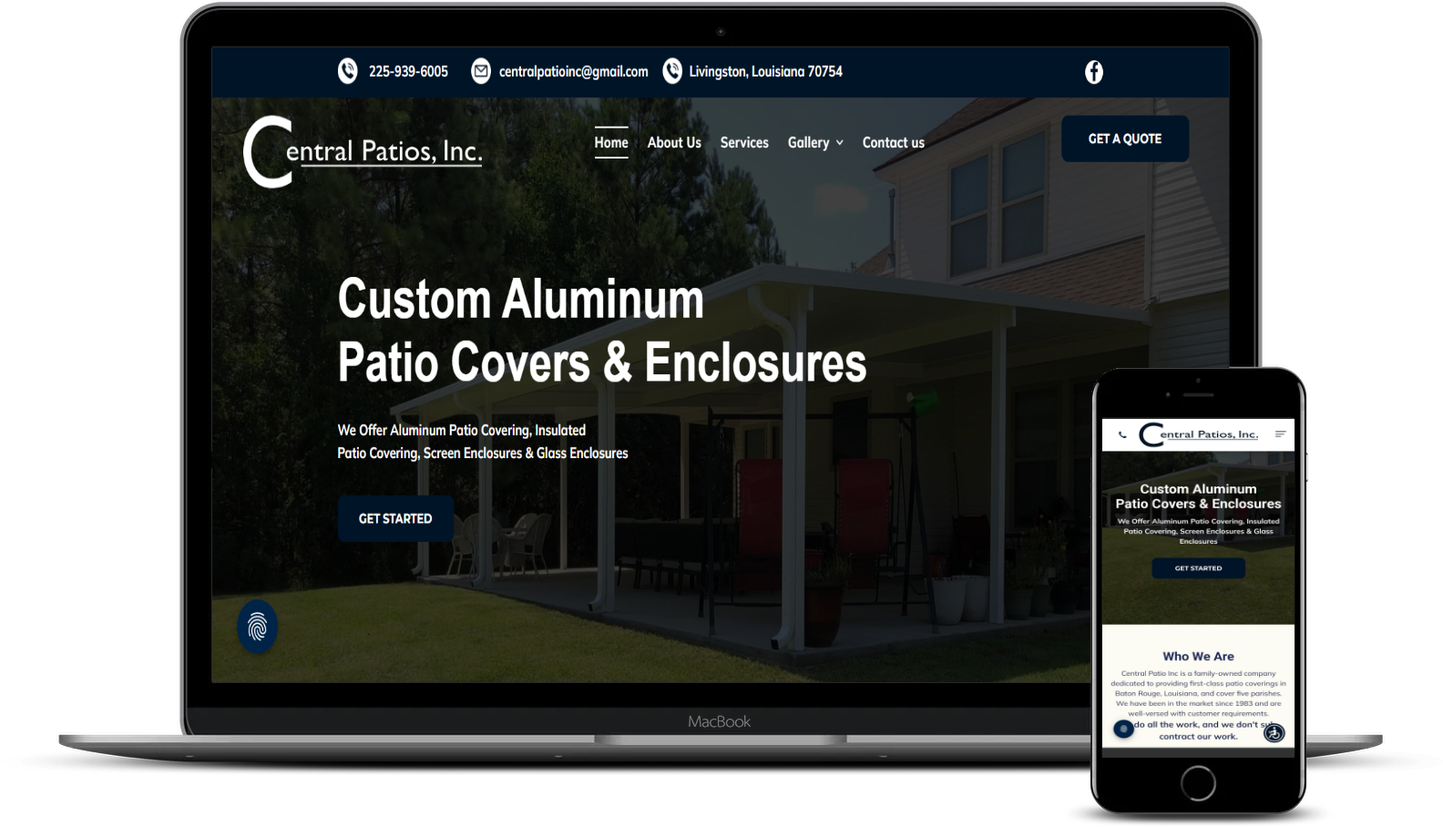 A laptop and a cell phone are displaying a website for custom aluminum patio covers and enclosures.