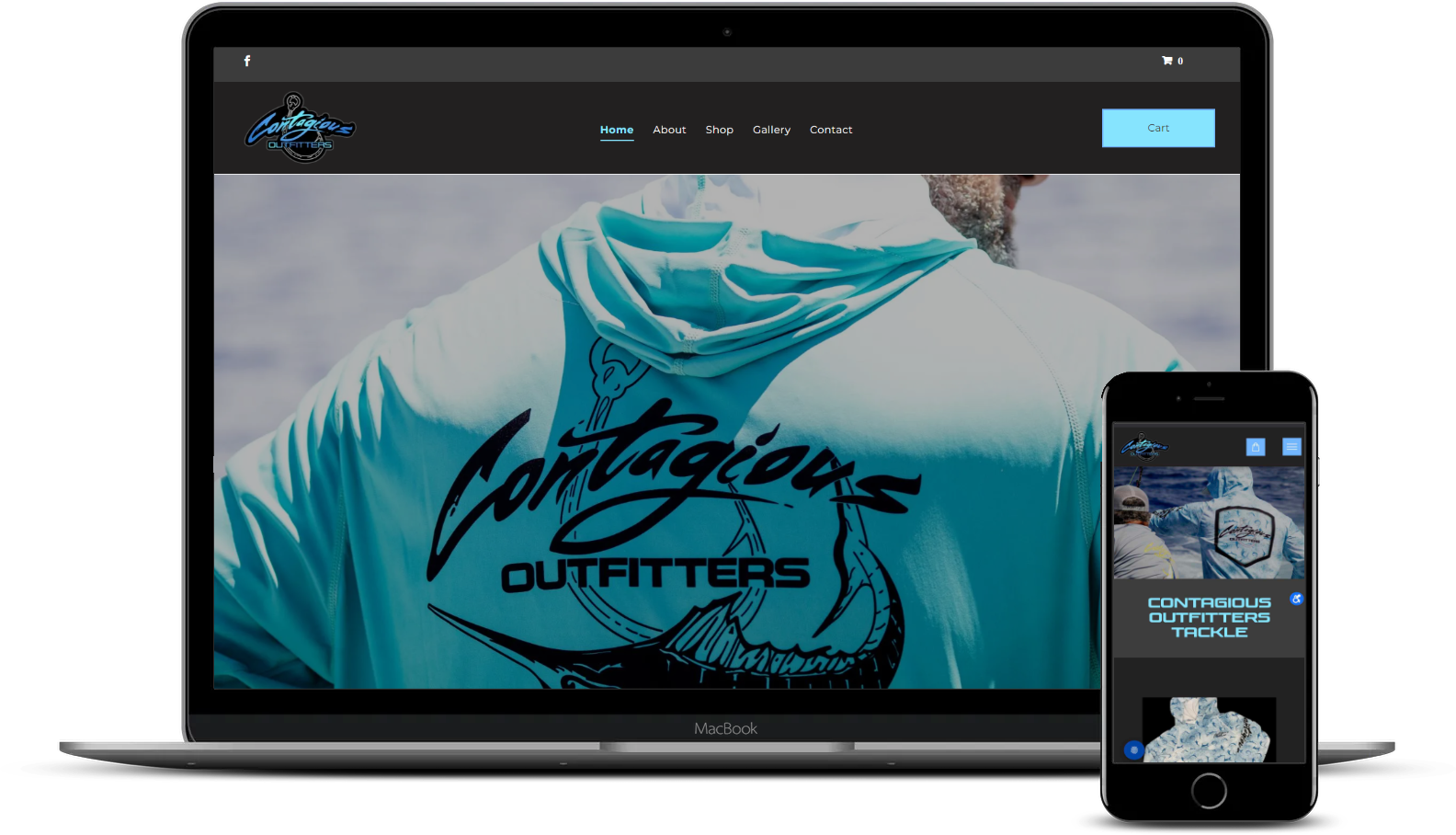 A laptop and a cell phone are displaying a website for contagious outfitters.