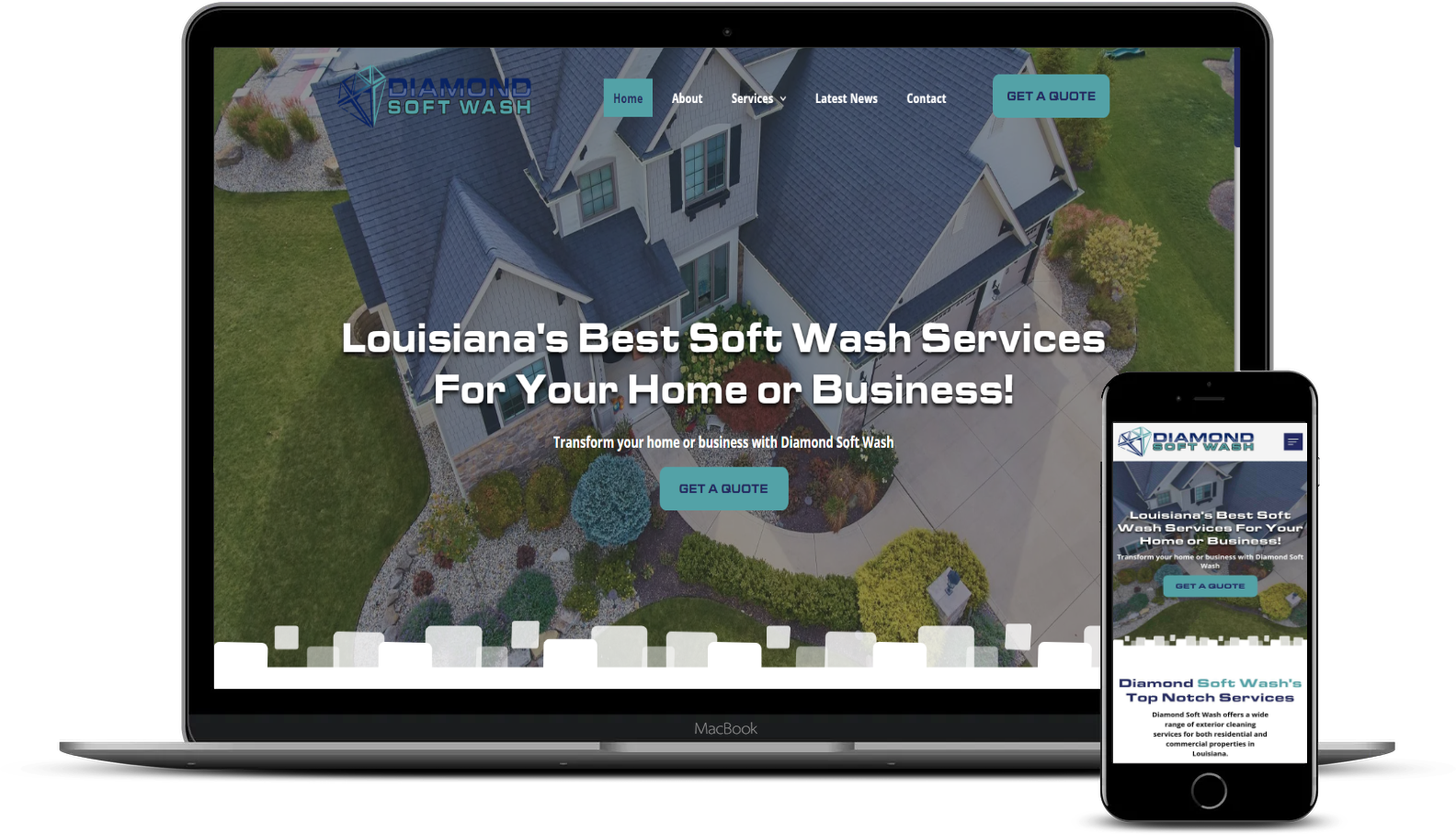 A laptop and a cell phone are displaying a website for louisiana 's best soft wash services for your home or business.