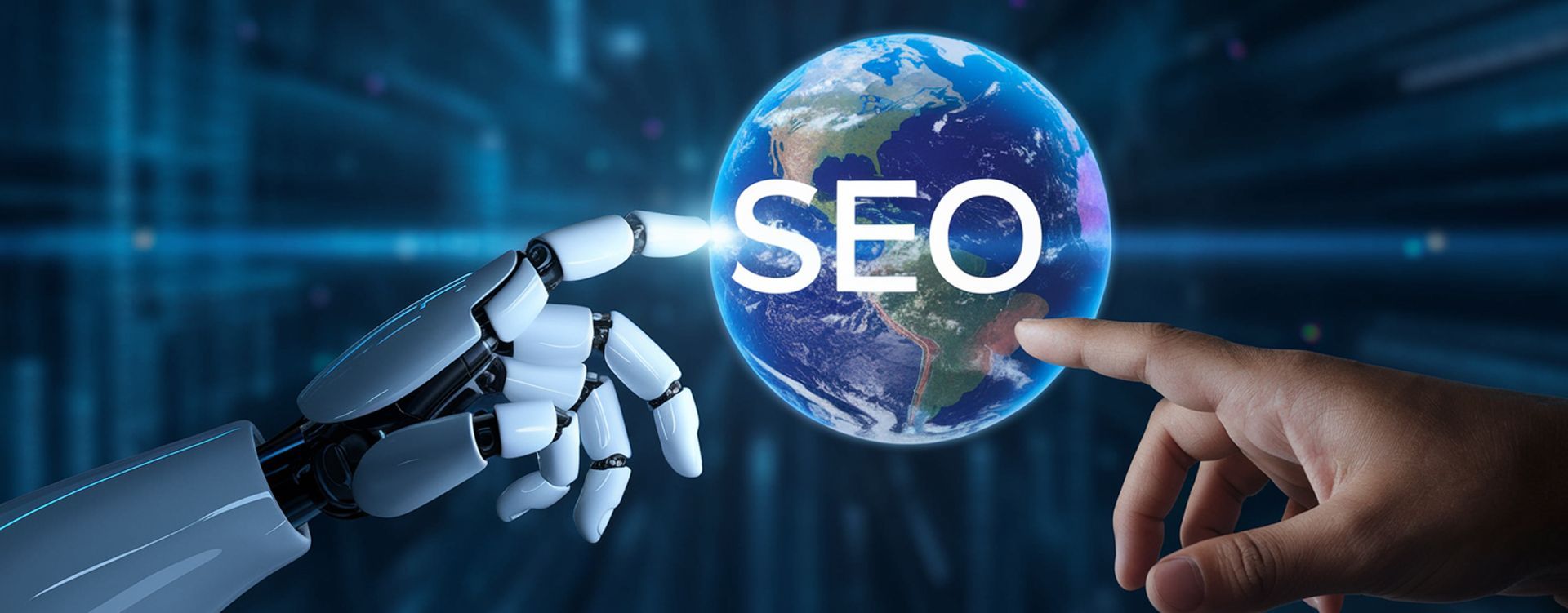 A robotic hand is pointing at a globe with the word seo written on it.