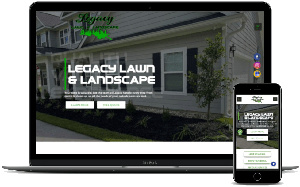 A laptop and a cell phone are displaying a website for legacy lawn and landscape.