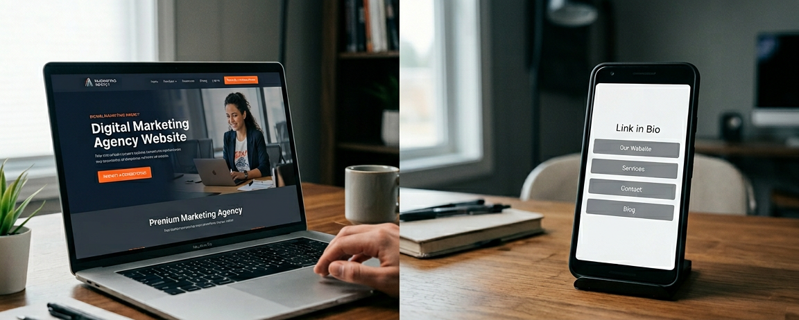 A laptop displaying a professional website and a smartphone showing a navigation menu, both placed on a wooden desk.