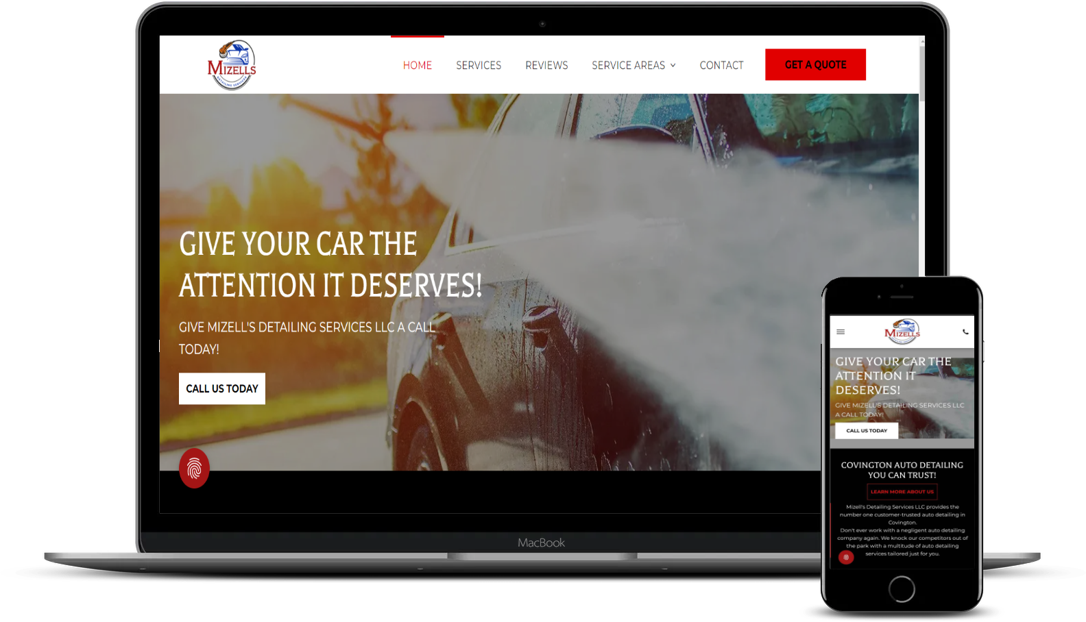 A laptop and a cell phone are displaying a website for a car wash.