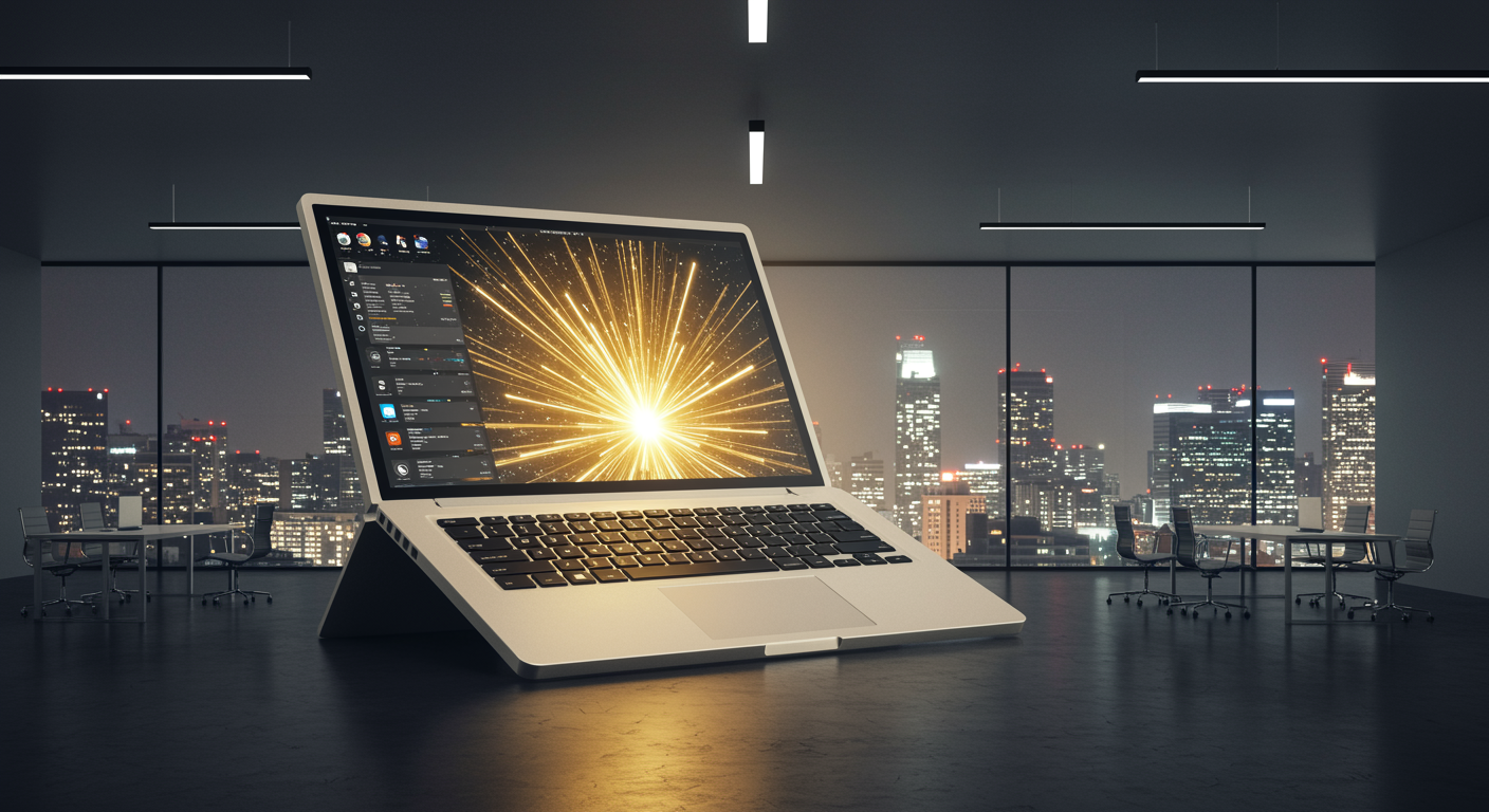 Laptop on a desk at night with a bright burst on the screen, city skyline in the background