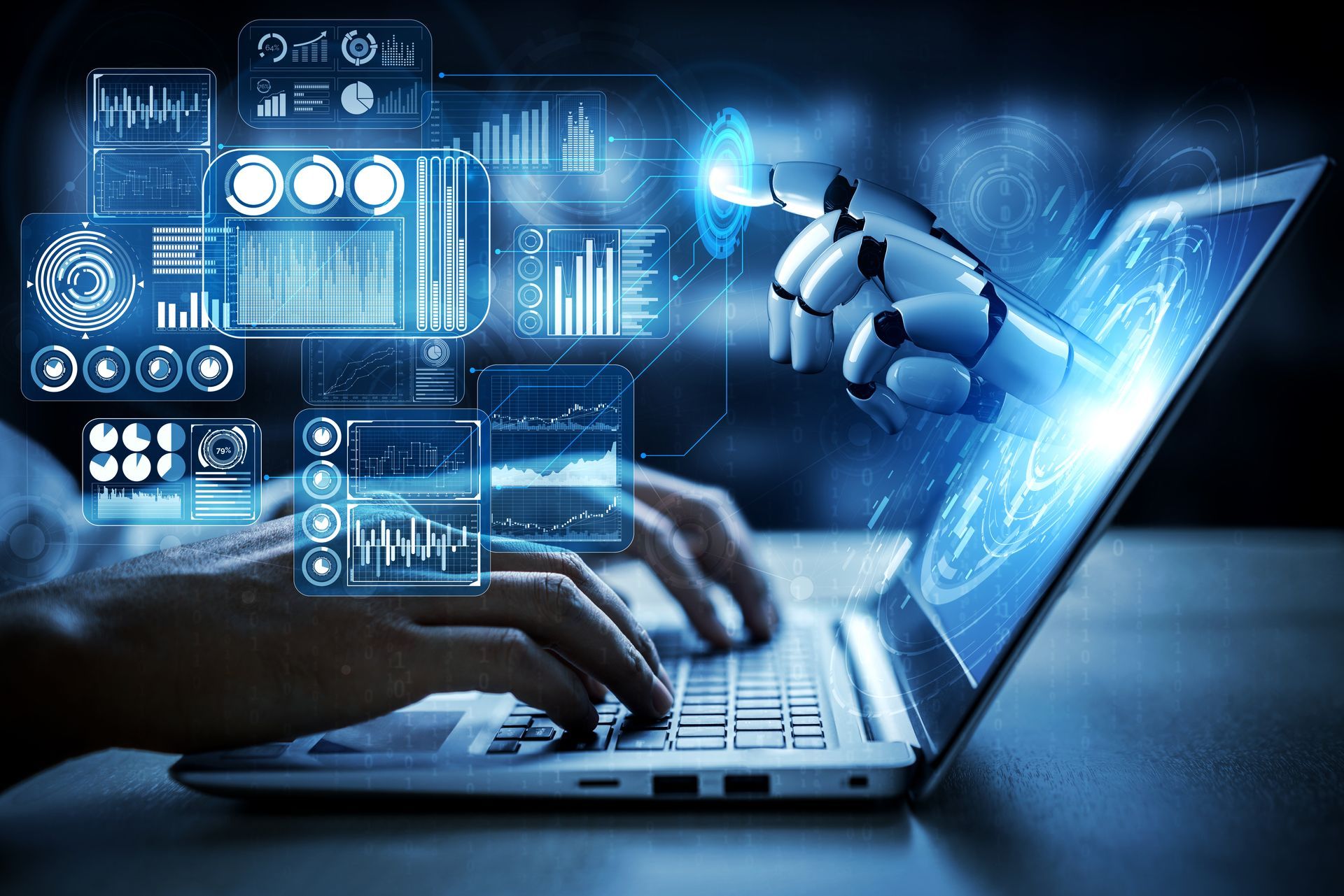 A robotic hand is pointing at a network of lines and dots.