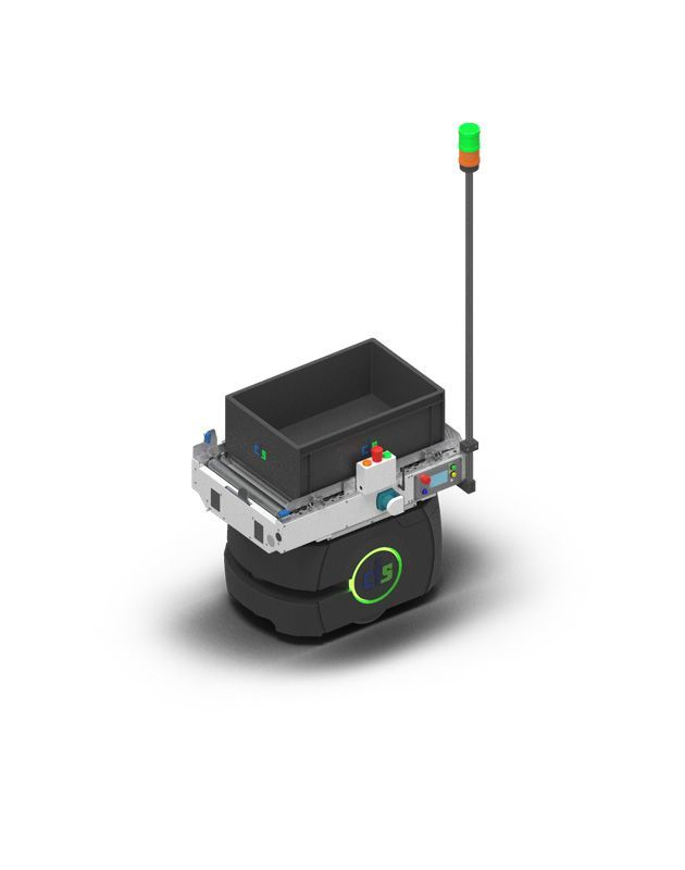Roboter, der einen schwarzen Behälter mit grünem Licht und der Nummer „5“ trägt, für die industrielle Automatisierung.