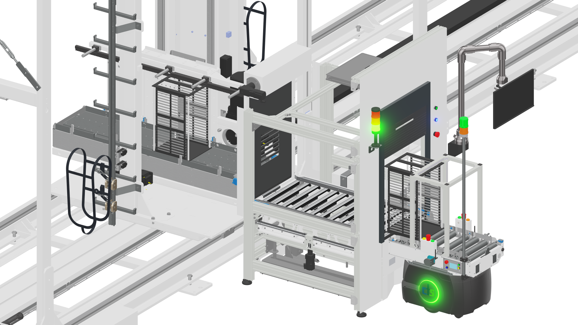 Automatisiertes Industriesystem mit Förderbändern, Roboter und Sicherheitsgehäusen. Grün und weiß.