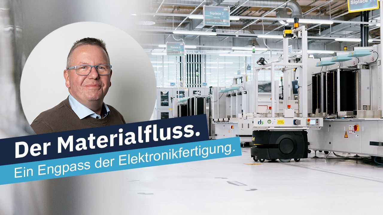 A man’s portrait beside a modern electronics factory floor with autonomous robots, under the text: 