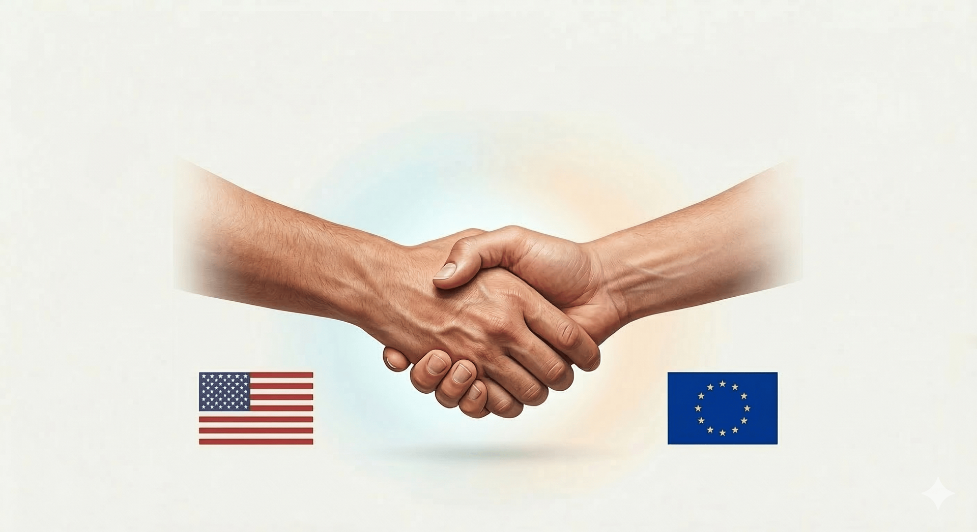Zwei Hände, die sich die Hand reichen, links die Flagge der USA und rechts die Flagge der EU