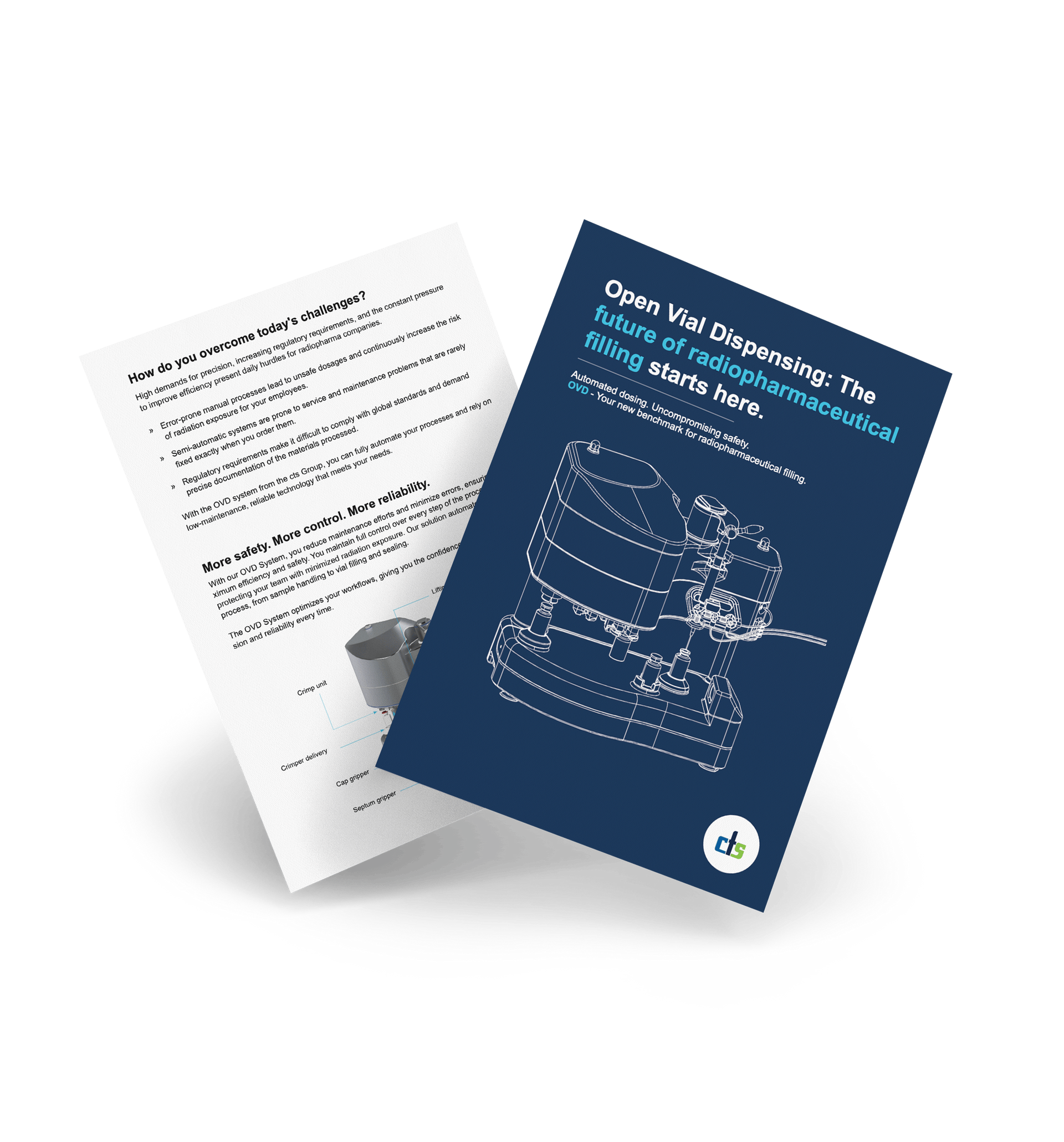 Two brochures: one white with text, one navy with an illustration of a machine.