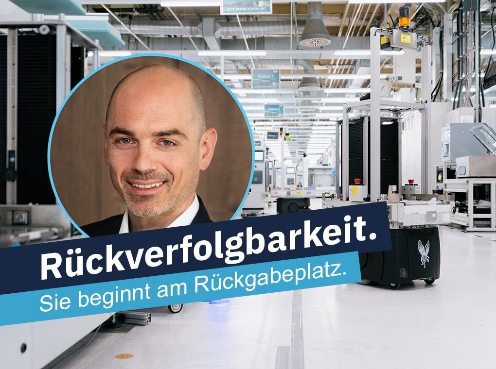 Industriehalle mit Porträt und Text: „Rückverfolgbarkeit. Sie beginnt am Rückgabeplatz.“