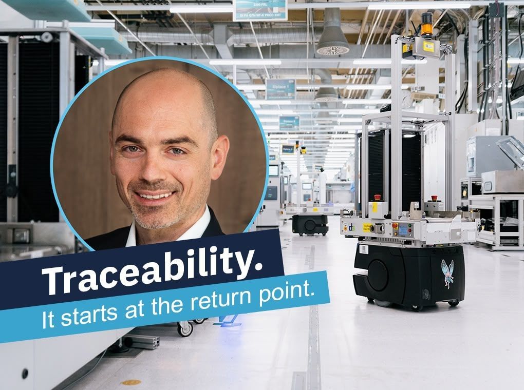 Portrait with “Traceability. It starts at the return point.” over a bright factory floor