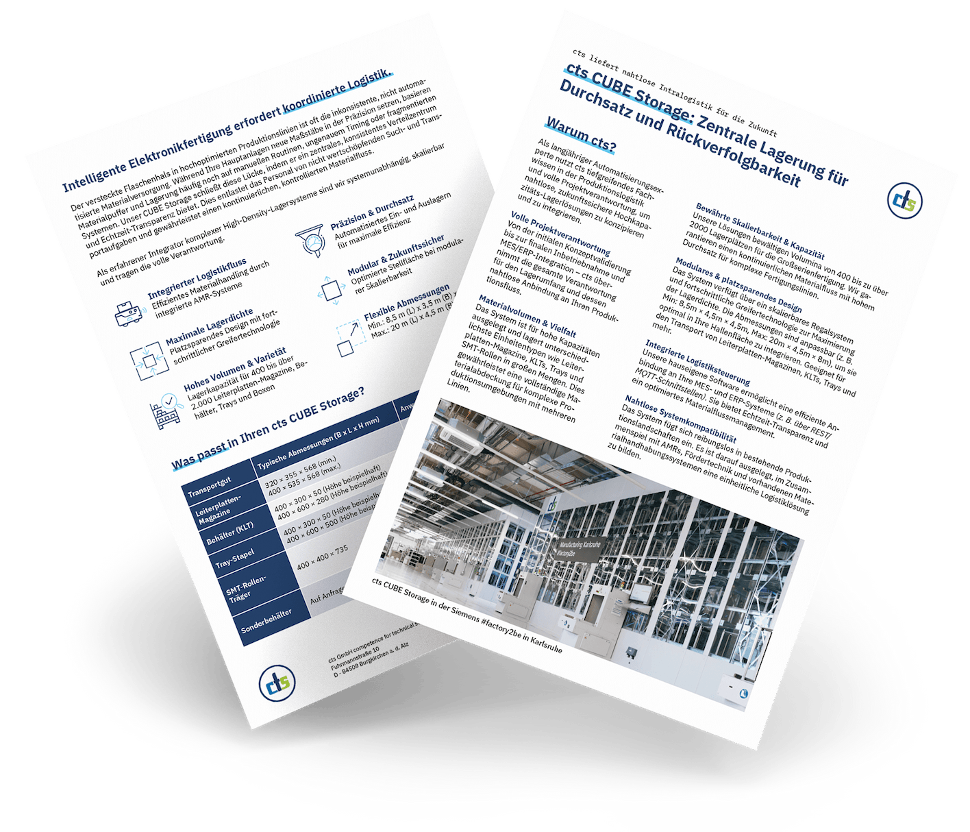 Zwei weiße Broschüren mit Text und Bildern, eine mit Produktdetails und die andere mit technischen Informationen.