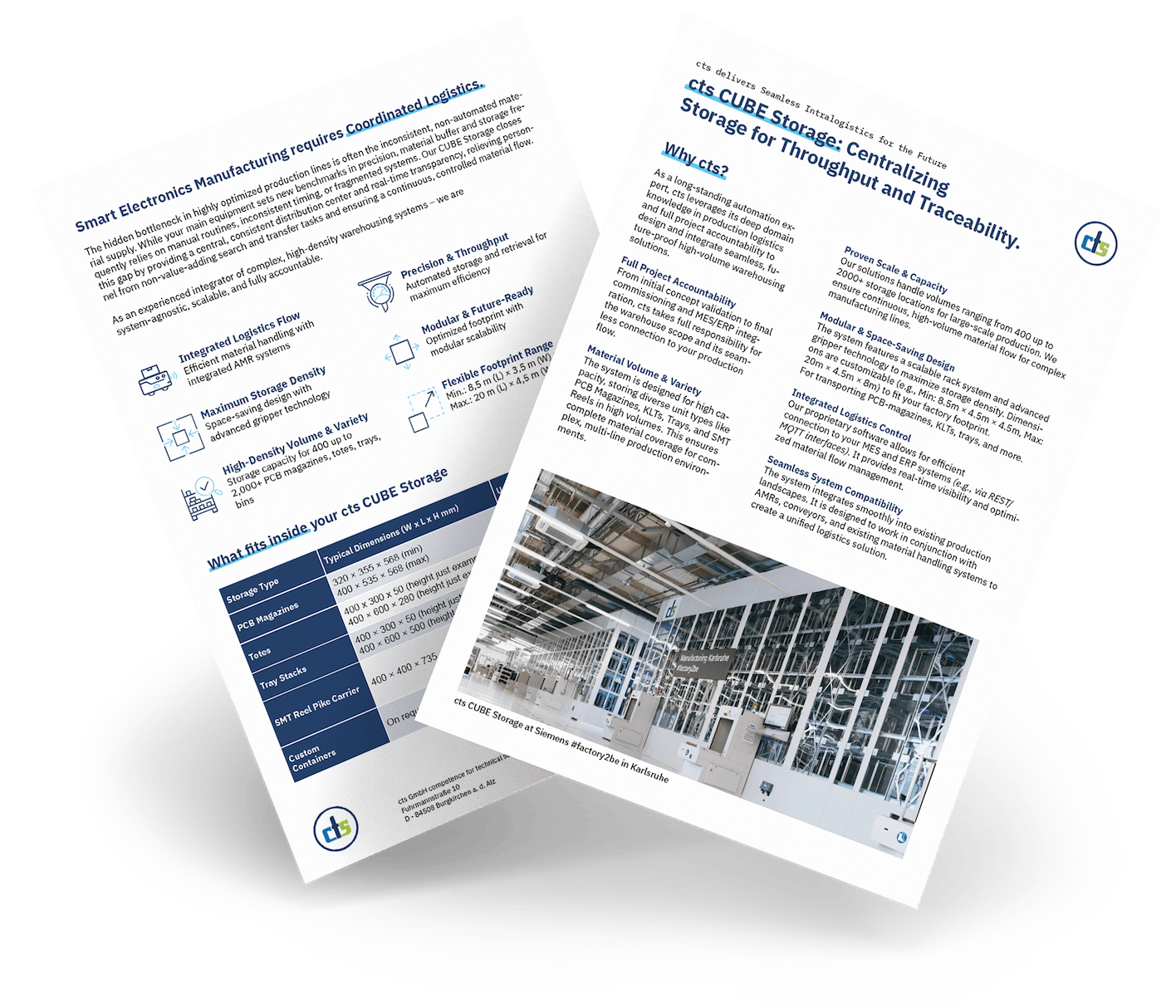 Zwei weiße Broschüren mit Text und Bildern, eine mit Produktdetails und die andere mit technischen Informationen.