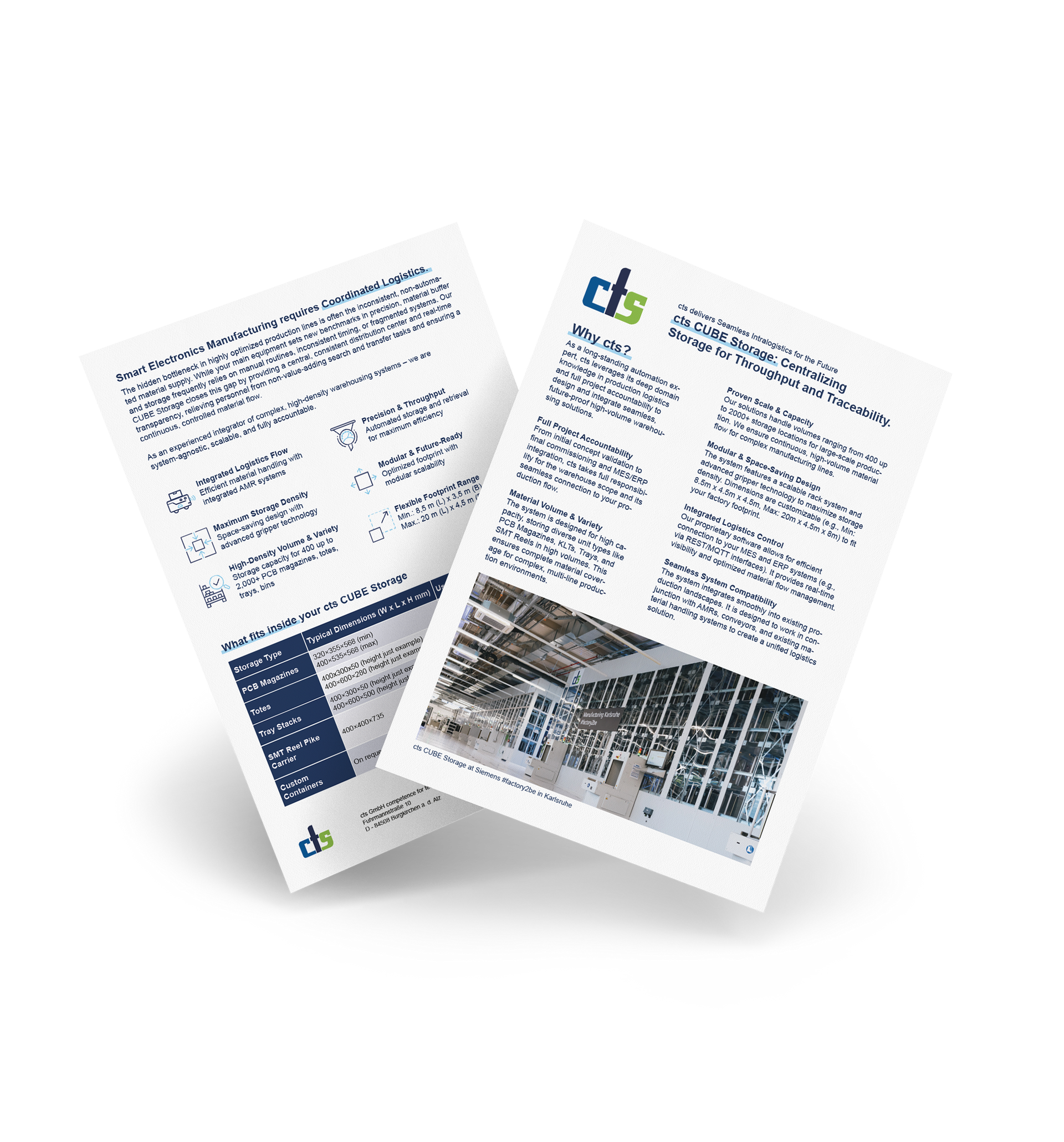 Zwei weiße Broschüren mit Text und Bildern, eine mit Produktdetails und die andere mit technischen Informationen.