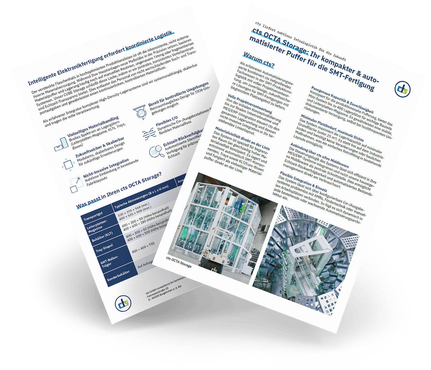 Zwei weiße Broschüren mit Text und Bildern, eine mit Produktdetails und die andere mit technischen Informationen.