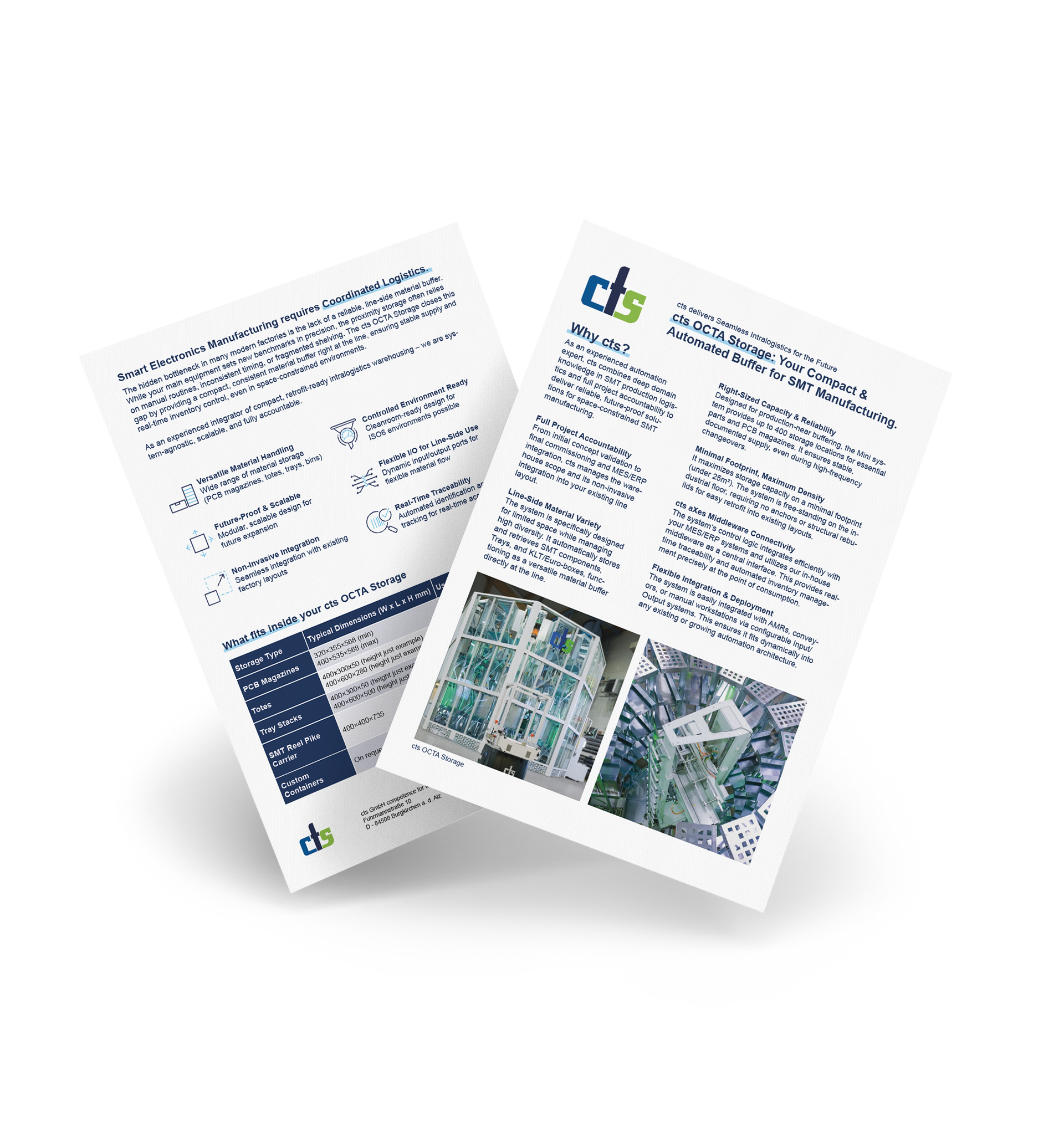 Zwei weiße Broschüren mit Text und Bildern, eine mit Produktdetails und die andere mit technischen Informationen.