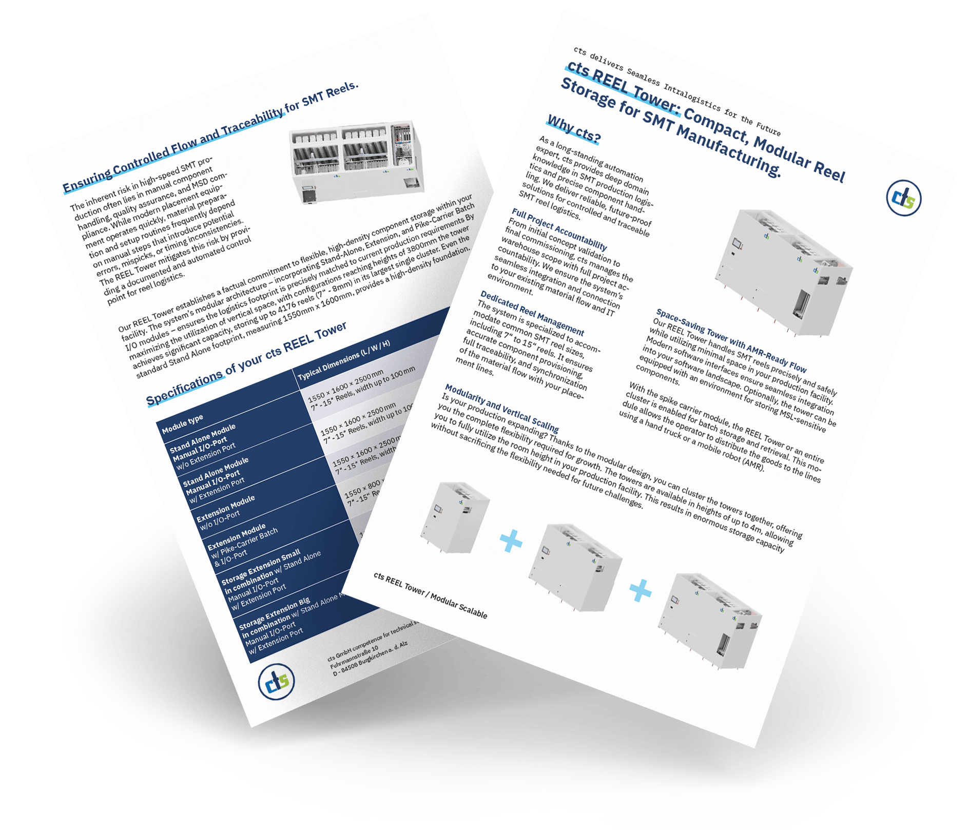 Zwei weiße Broschüren mit Text und Bildern, eine mit Produktdetails und die andere mit technischen Informationen.