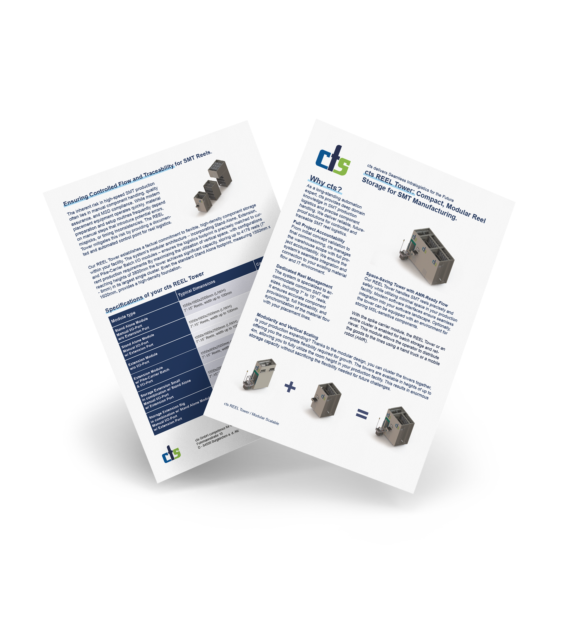 Zwei weiße Broschüren mit Text und Bildern, eine mit Produktdetails und die andere mit technischen Informationen.