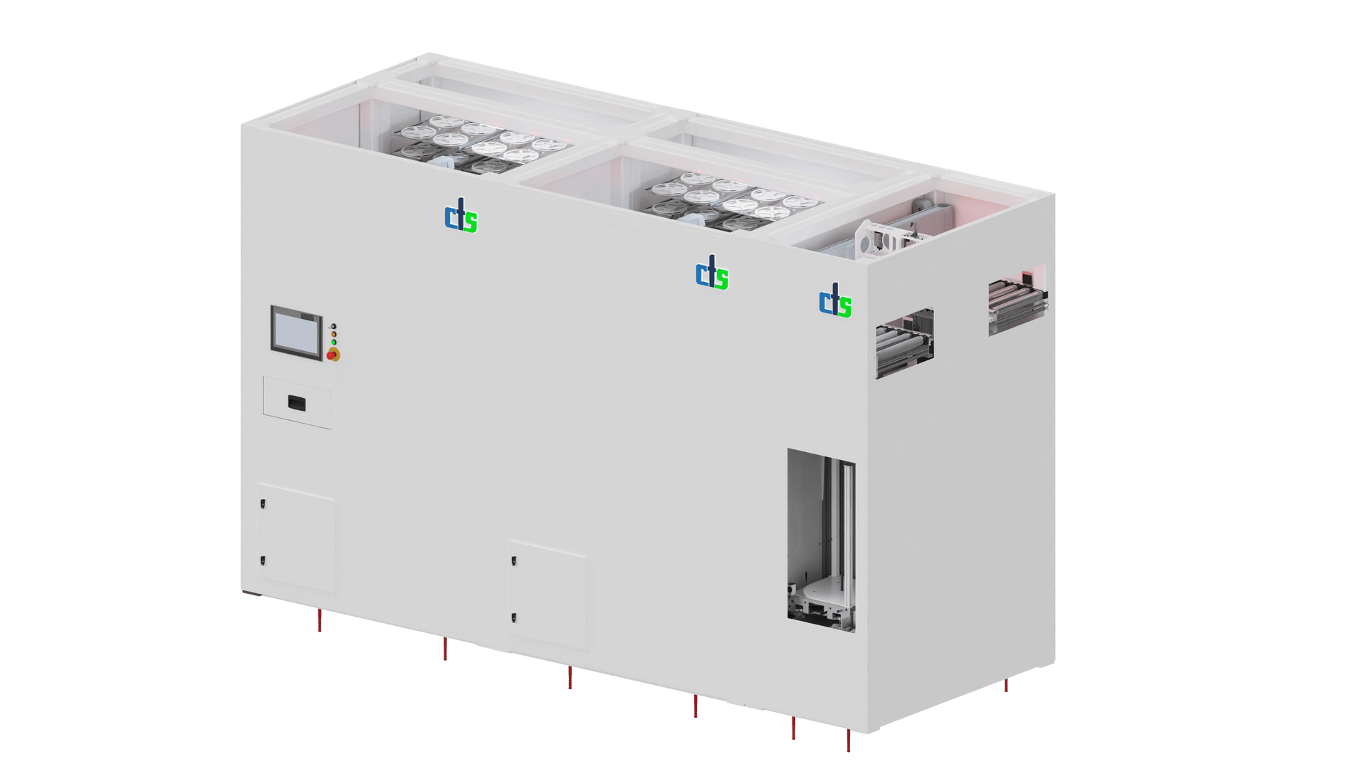 Three beige, modular automated storage units with interior shelving, presented in a clean, isometric digital render.