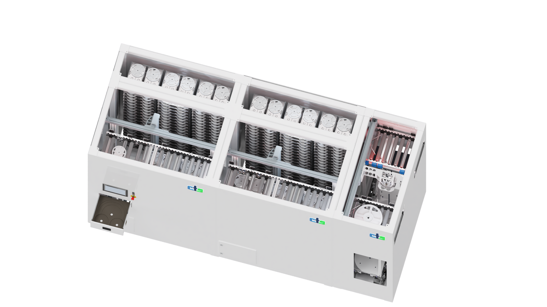 Drei graue modulare Aufbewahrungseinheiten mit offener Oberseite und Innenregalen, eine davon mit Bedienfeld.