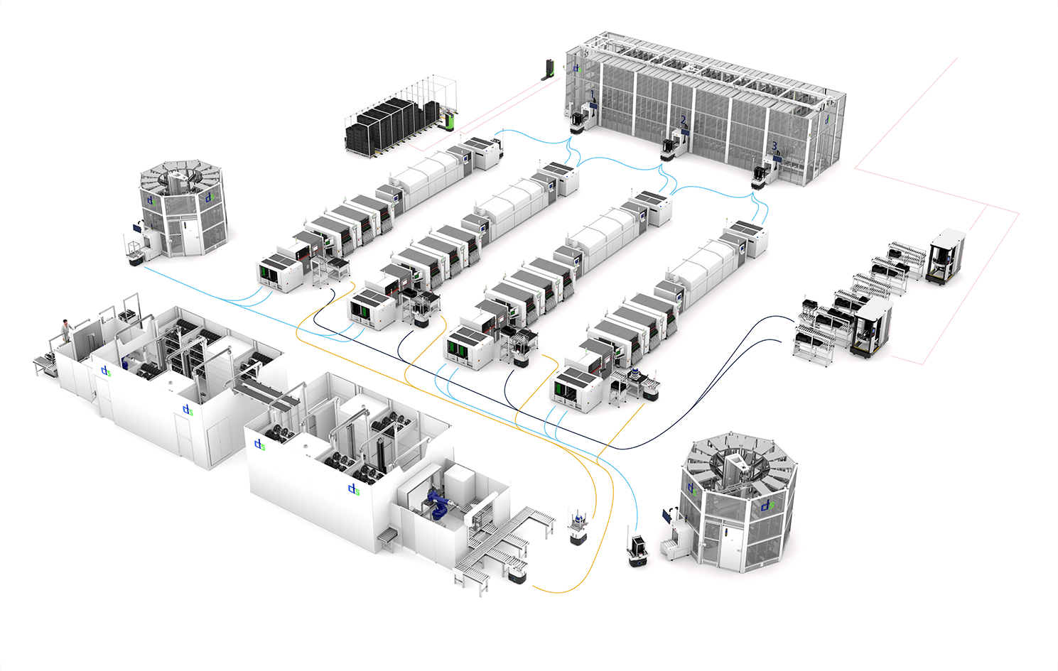 A 3D render of an industrial automated production system with modular machinery and connecting transport lines.