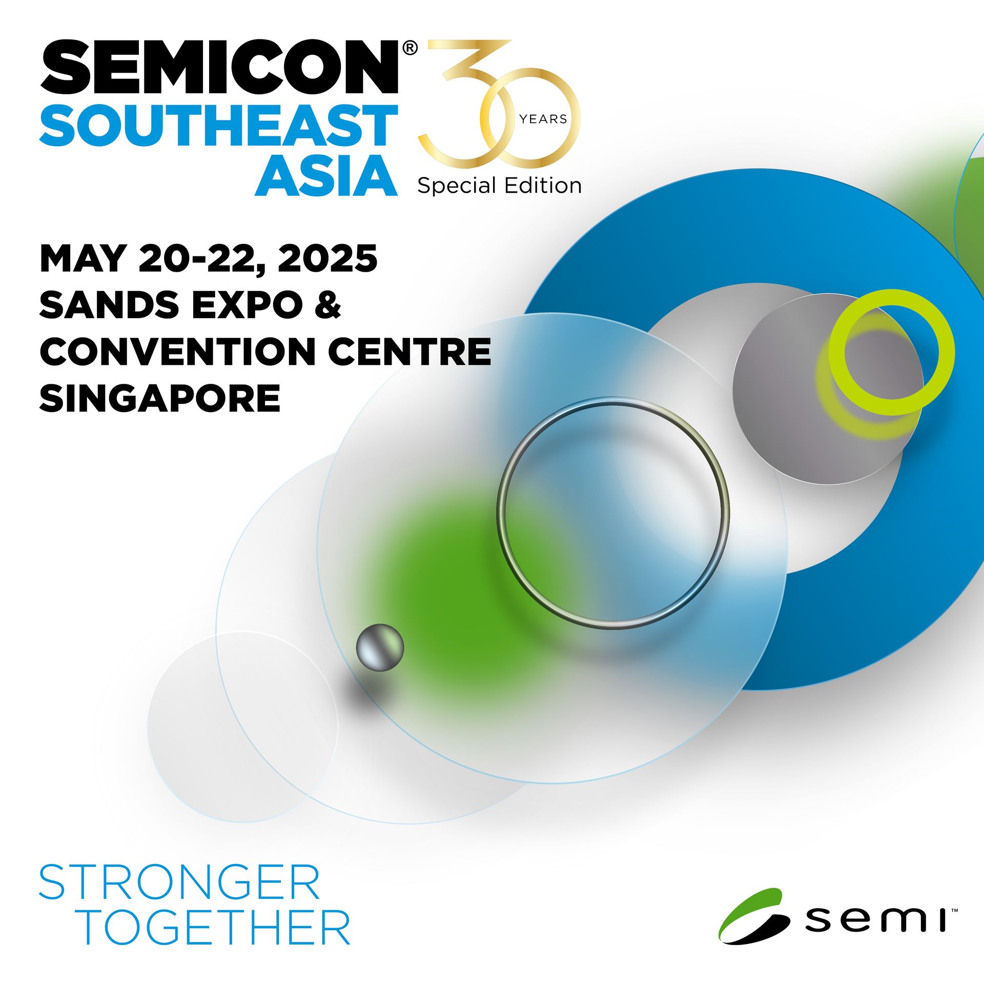 A poster for semicon southeast asia shows a blue and green circle