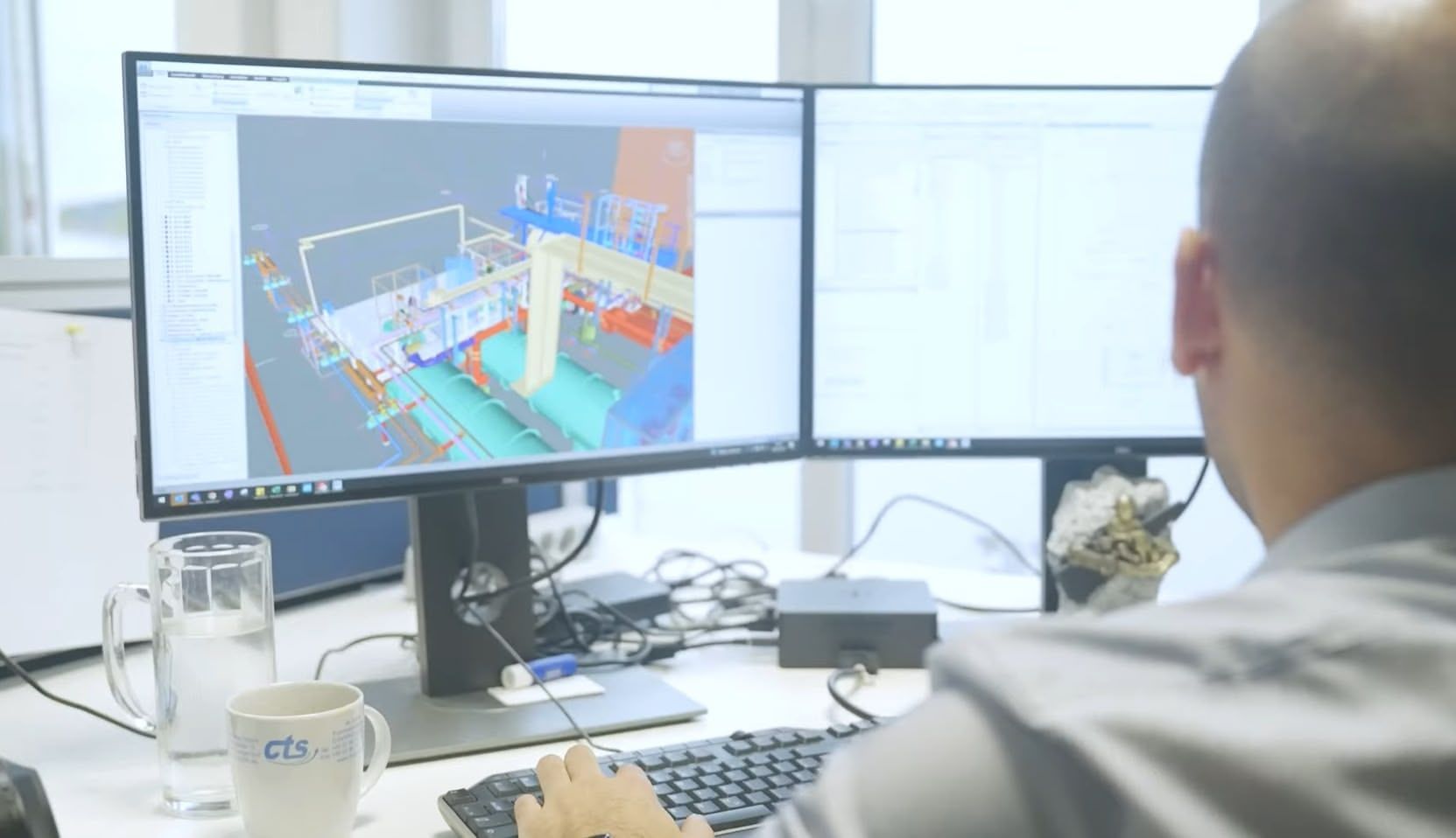 Person using a computer with two monitors displaying 3D design and technical drawings.