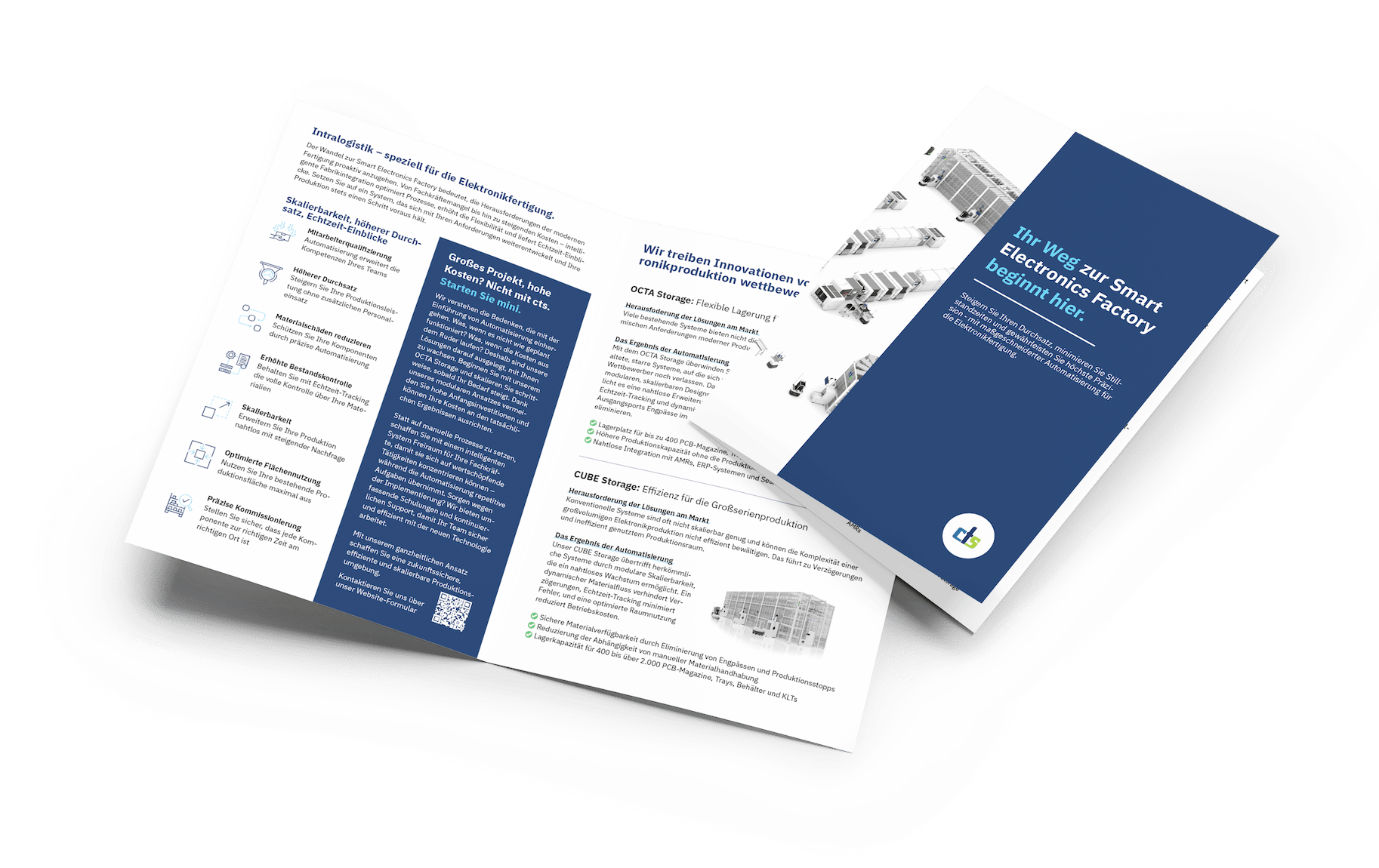 Eine teilweise geöffnete, dreifach gefaltete Broschüre mit dunkelblauen Feldern und weißer Schrift auf weißem Hintergrund.