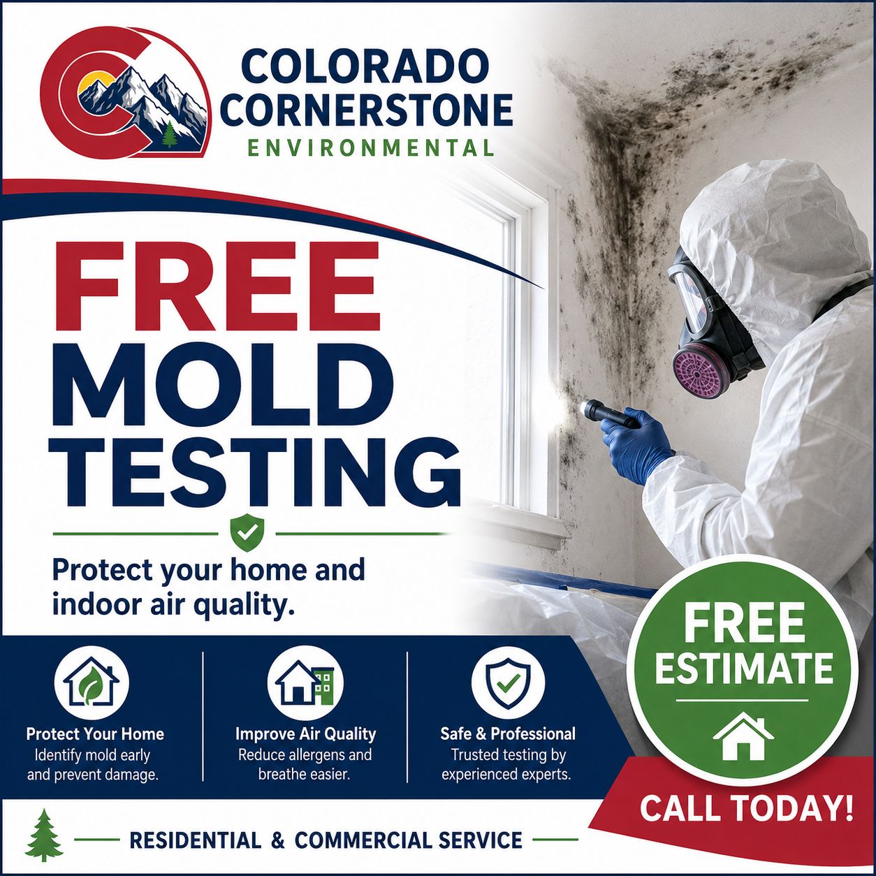 Asbestos removal, testing, and mold removal service banner with technicians in protective suits