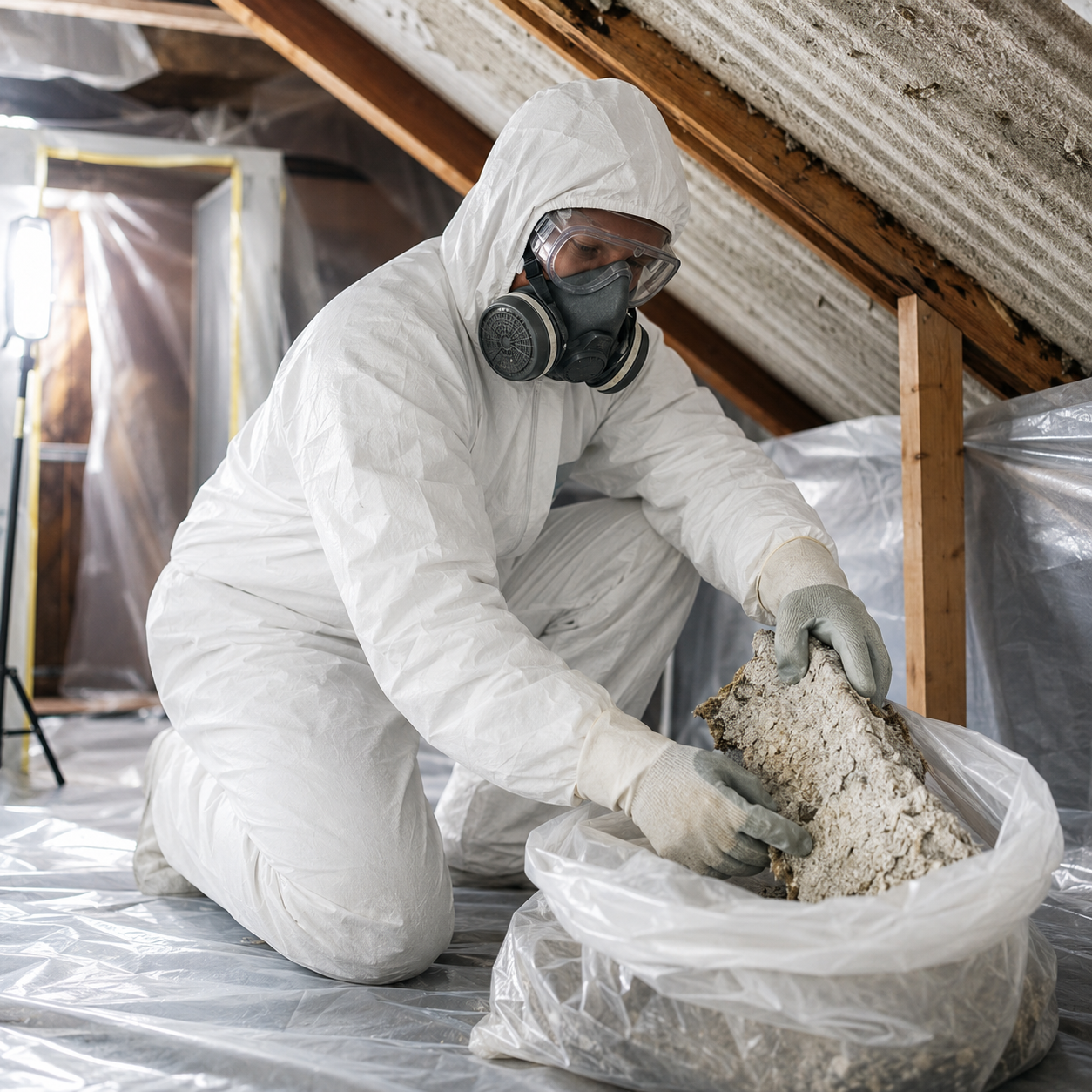 Worker in white protective suit and respirator kneeling in attic, bagging asbestos debris.