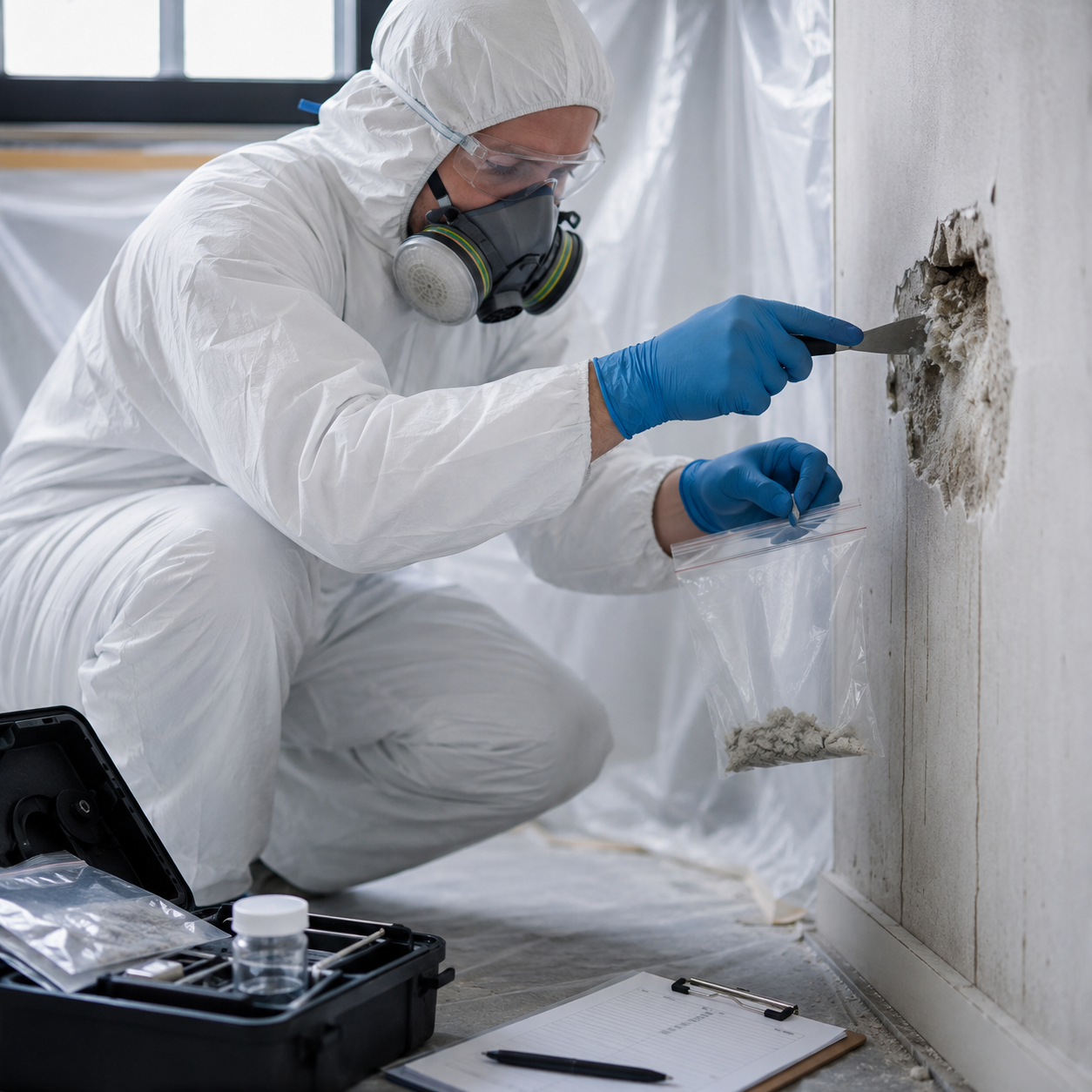 Technician in white protective suit inspects asbestos