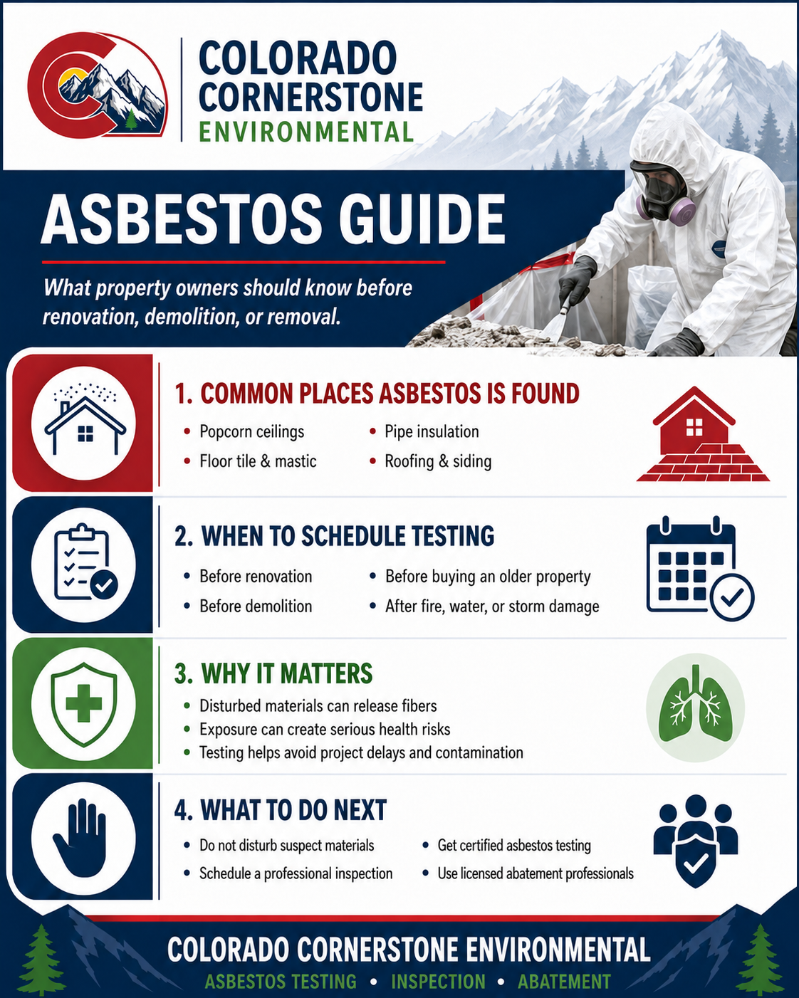 Colorado Cornerstone Environmental asbestos guide infographic with safety tips and icons on blue background