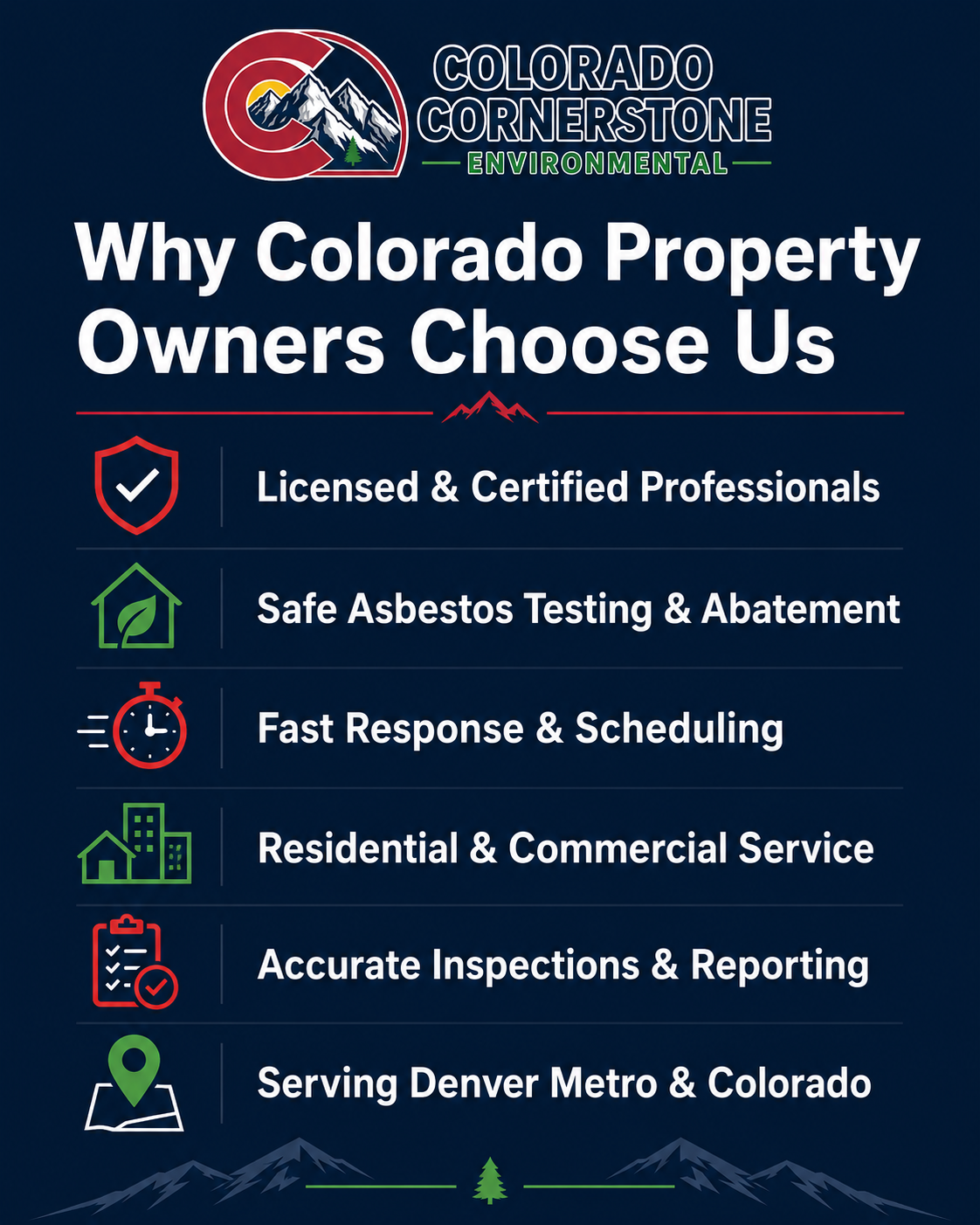 Colorado Cornerstone General Contractor ad listing licensed professionals, safe asbestos testing, and Denver service.