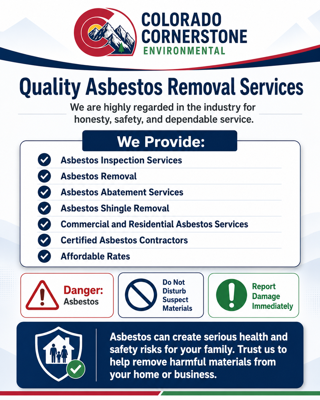 Colorado Cornerstone Environmental flyer for quality asbestos removal services, with service list and safety icons.