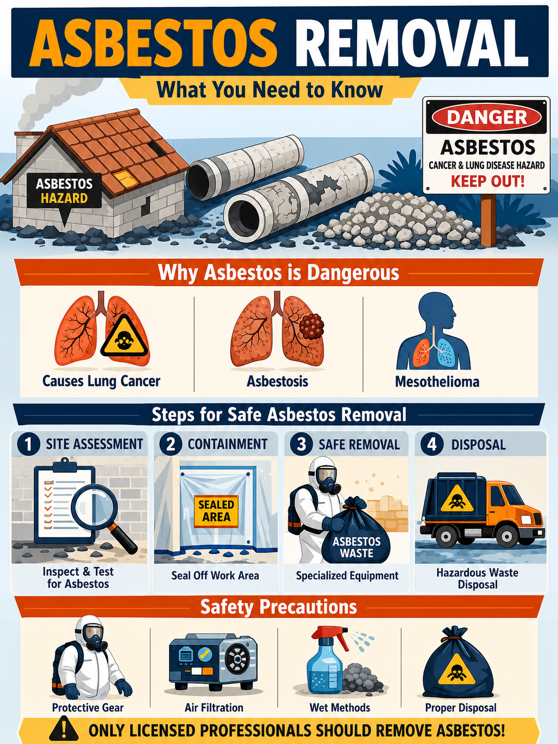 Infographic on asbestos removal with hazard icons, safety steps, risks, and protective gear in orange and blue colors