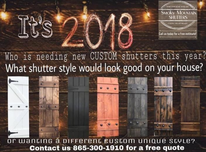 2018 ad for custom exterior shutters, showing multiple shutter styles in white, wood, black, and blue-gray.
