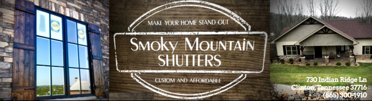 Smoky Mountain Shutters logo on a rustic wood background with window shutters and a porch scene.