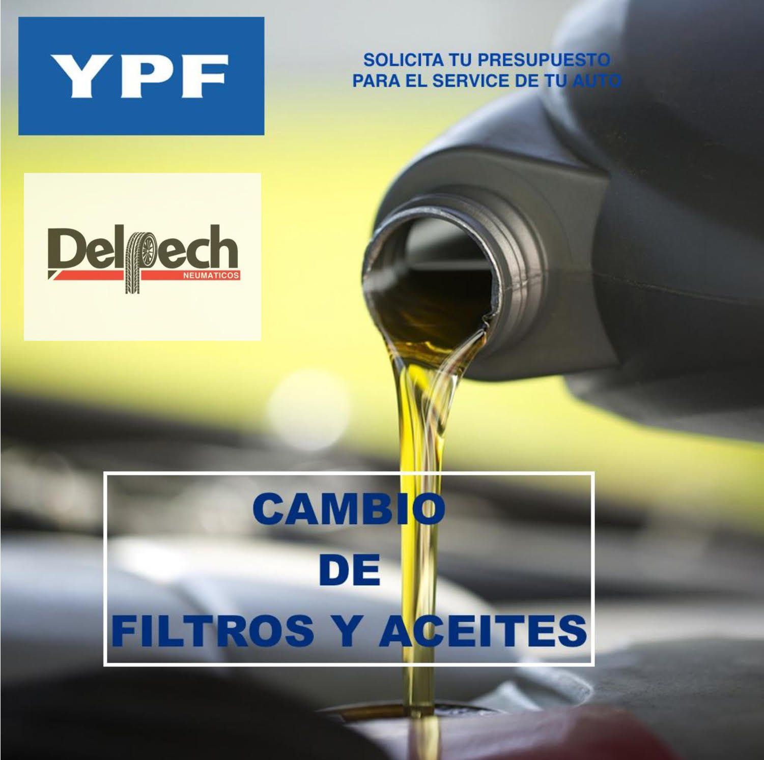 Anuncio de vertido, filtro y cambio de aceite para YPF y Delitech. Incluye logotipos y texto.