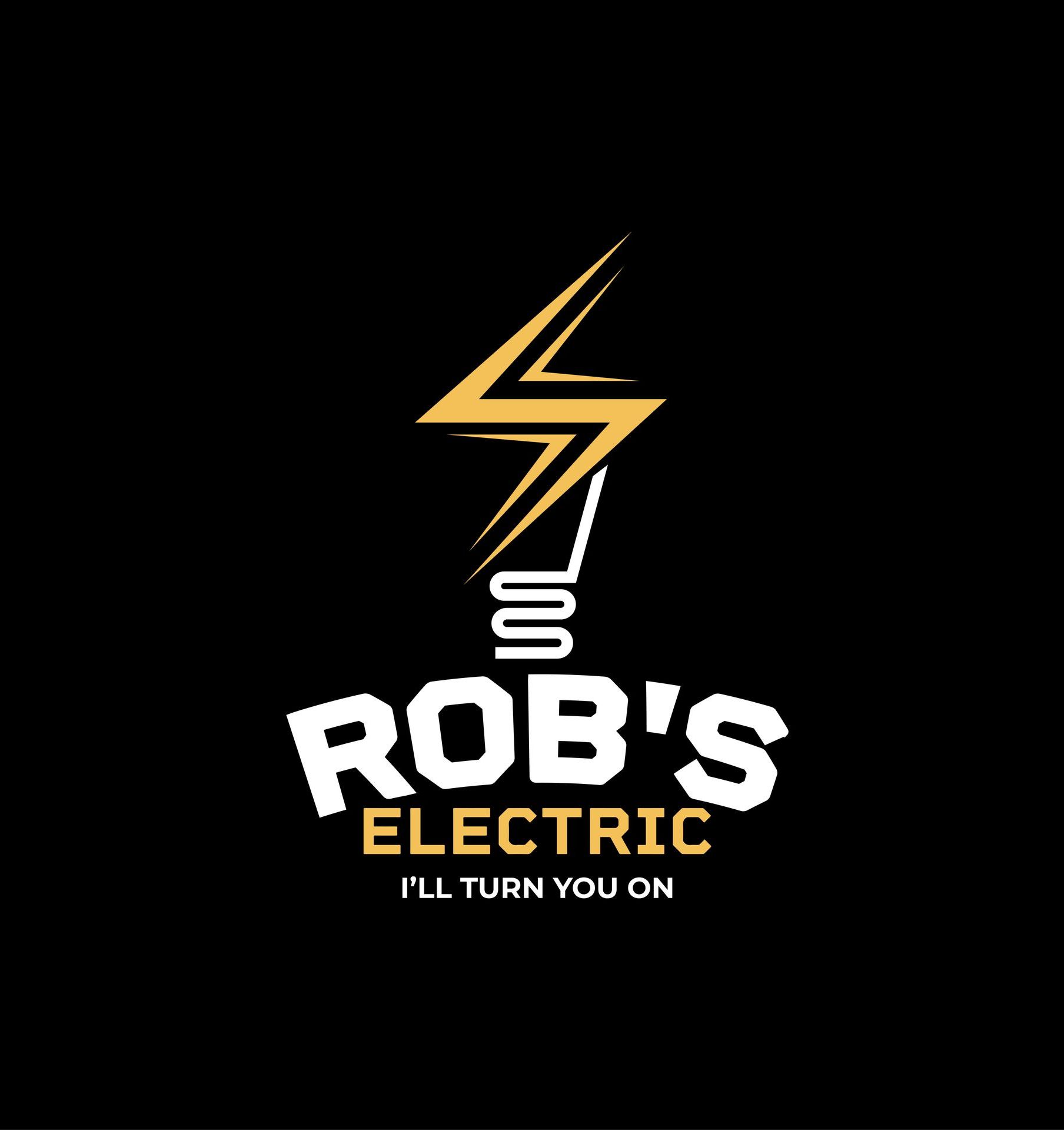 A logo for rob 's electric company with a lightning bolt on a black background.